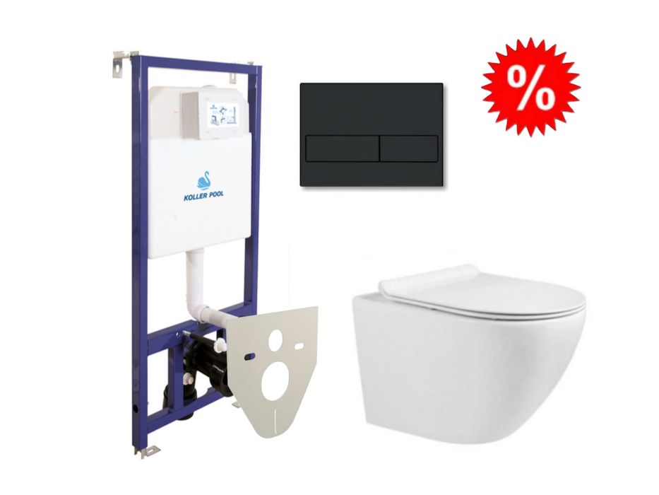 Інсталяція KollerPool Чорна матова кнопка з унітазом Rimless Мікроліфт