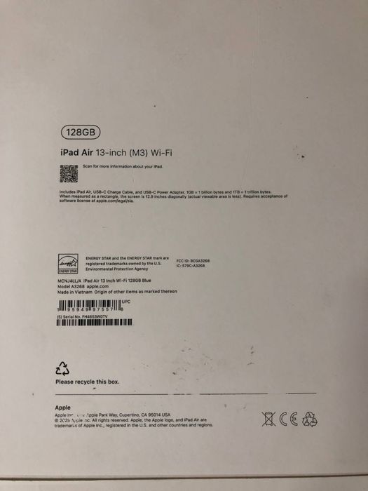 Apple iPad Air 13" M3 128Gb (A3268) 2025. Новий, 1 цикл!