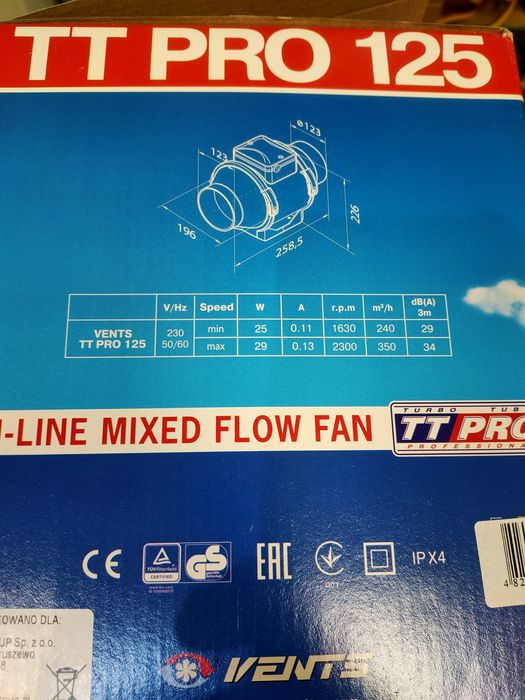 Wentylator kanałowy Vents TTPRO125 350m3/h