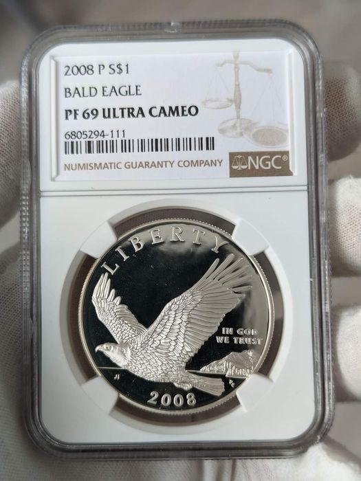 1 $ США 2008р. Білоголовий орлан. ПРУФ. Грейд PF69 NGS.СЛАБ. СРІБЛО.