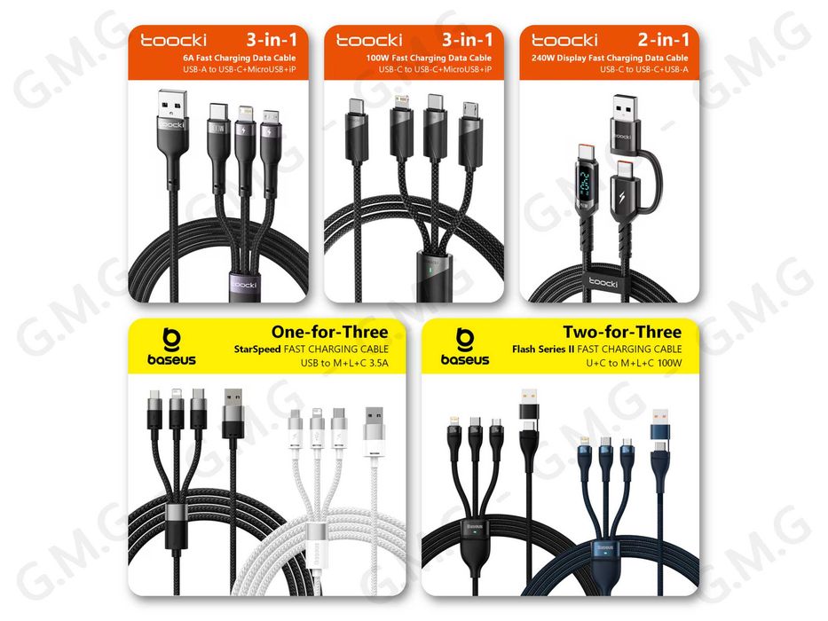 Кабелі TOOCKI/BASEUS, 2-in-1/3-in-1/3-in-2, 3.5A/6A/100W/240W