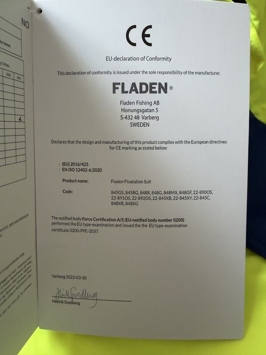 Strój wypornościowy Fladen 845GB – rozmiar XL – ISO 12402-6:2020