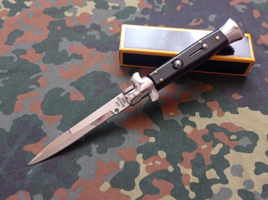Туристичний складний викидний ніж стилет AKC Stiletto 440 Steinless Italy Black 25см,ніж для туризму з автоматичним пружиним викидом леза