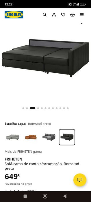 Sofá-Cama IKEA FRIHETEN Bomstad Preto c/ Arrumação - Como Novo