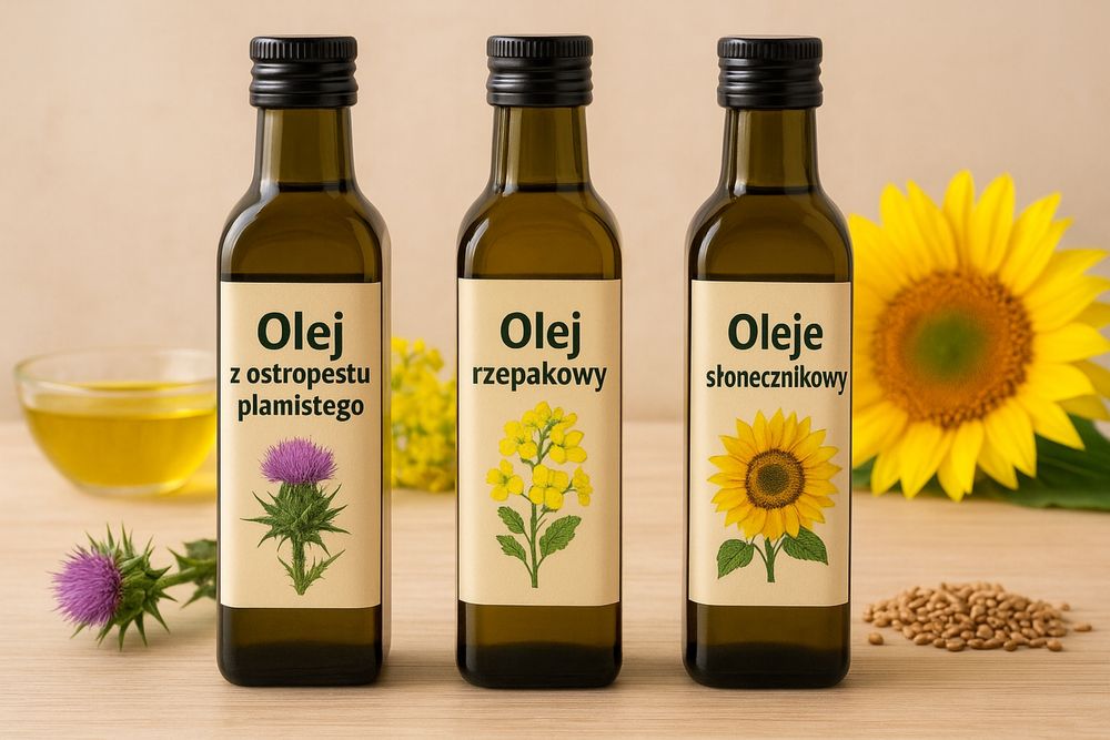Oleje tłoczone na zimno- z ostropestu, rzepakowy, słonecznikowy