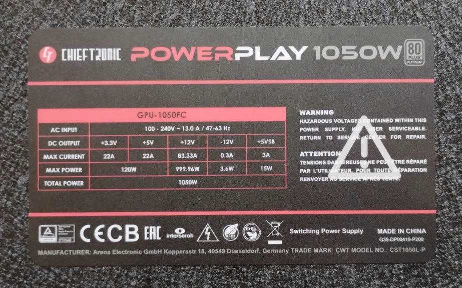 Блок живлення Chieftec Chieftronic PowerPlay Platinum GPU-1050FC 1050W