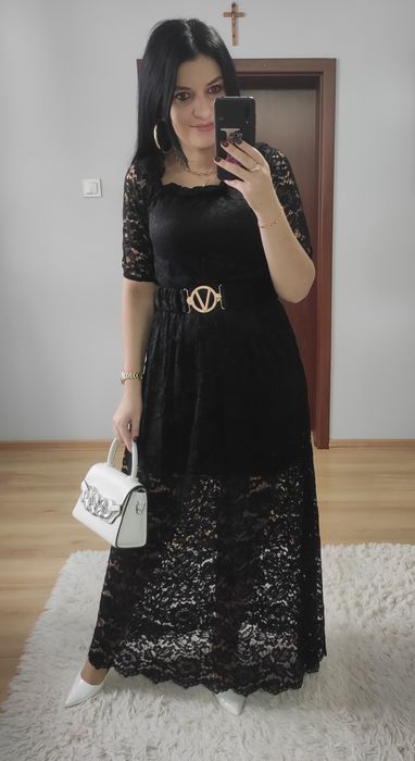 Sukienka długa maxi czarna koronka z paskiem