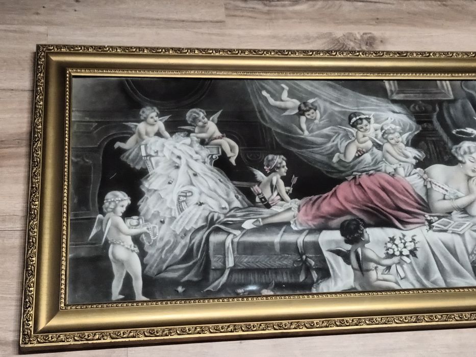 Obraz stary, PRL, drewniana rama, zabytek