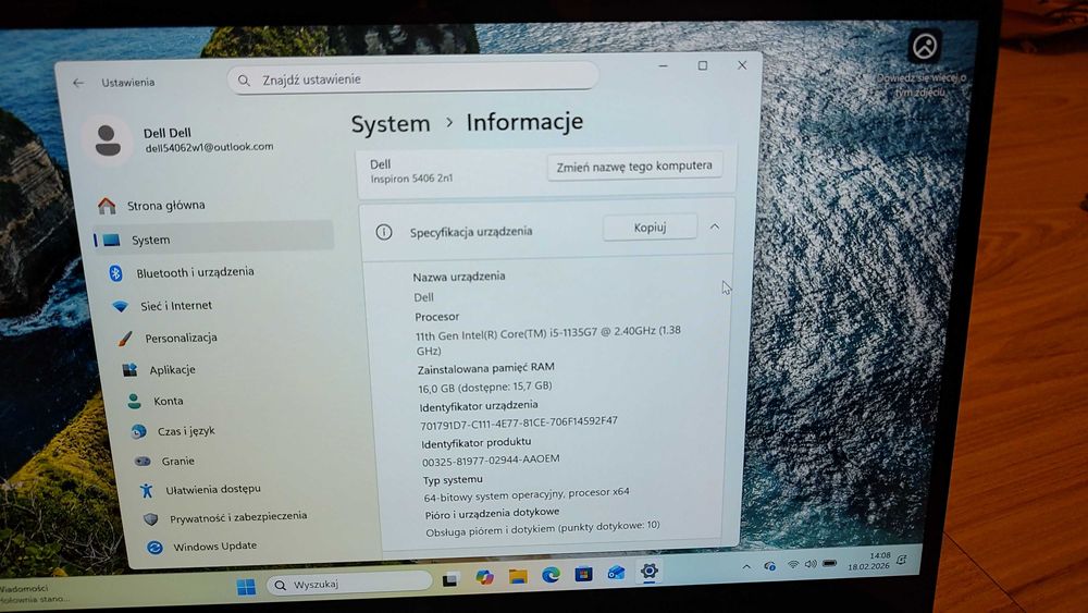 Dell Inspiron 5406 2w1 GEN 11 Intel i5-1135G7 16GB RAM 512GB SSD