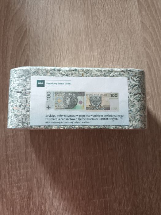 Brykiet nbp 100 zł zmielone banknoty banknot 100000 zł