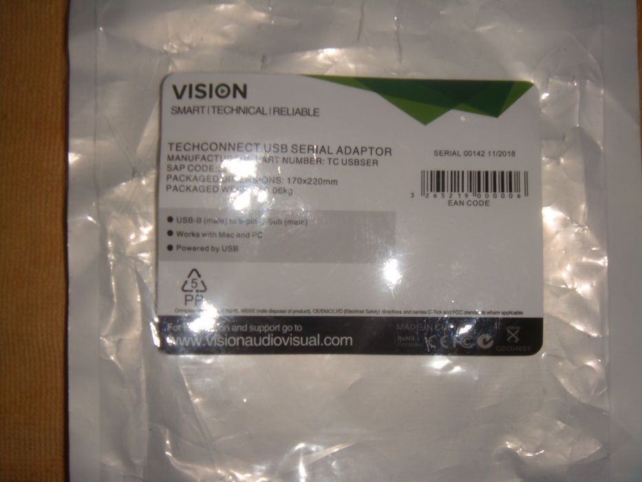 Adaptador Vision USB to Serial , USB-B to 9-pin D-sub, M/M, Black