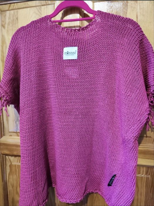 NOWY Sweter Minouu Przybylska Bawełna Fuksja Frędzle Butik