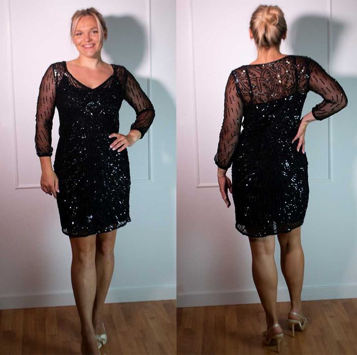 sukienka mała czarna bal zjawiskowa cekiny klasyczna rozciągliwa