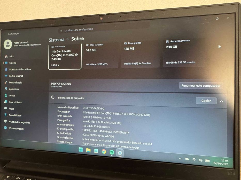 Lenovo ThinkPad E14 Gen 2, i5-1135G7, 16GB RAM, SSD 256GB, ecrã Full HD.