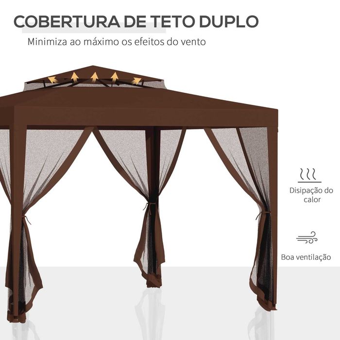 Pérgola quadrada 297x297x268 cm com teto ventilado e cortinas