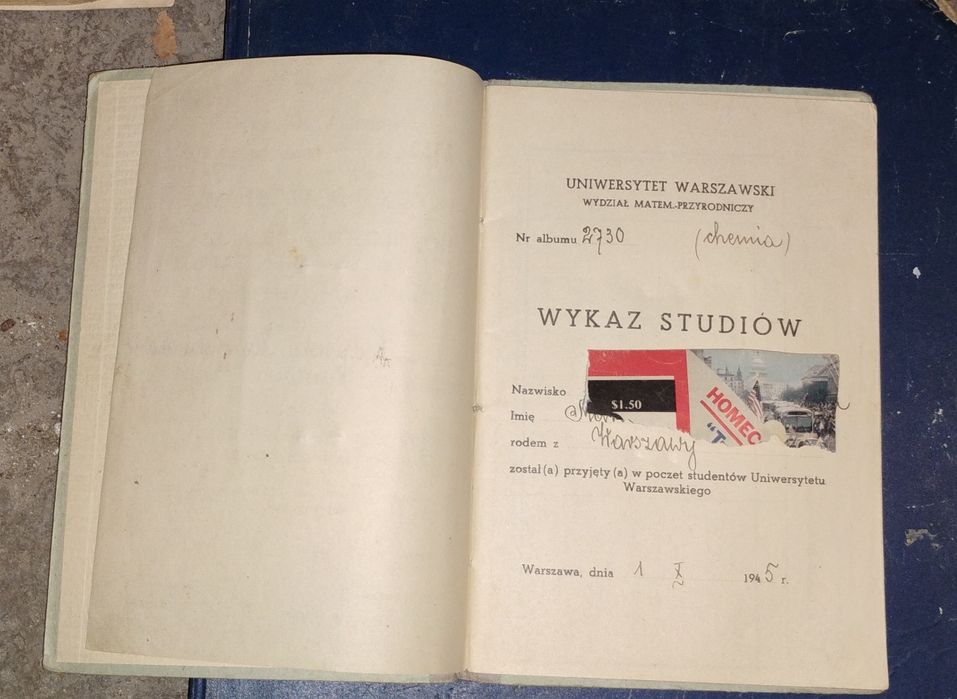 Indeks studencki Uniwersytet Warszawski 1945 – oryginał, powojenny