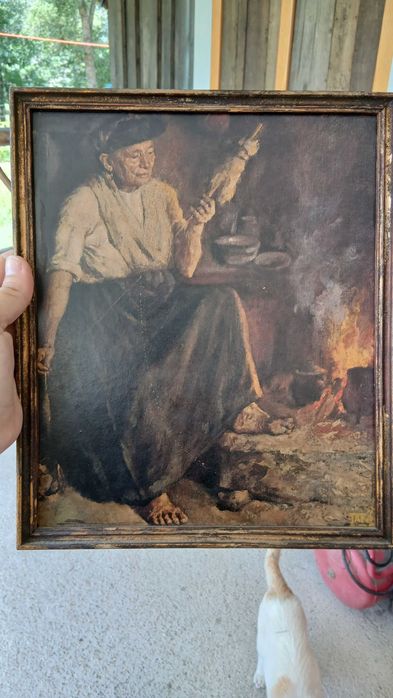 Oleografia antiga emoldurada - Velha Fiando de João Augusto Ribeiro