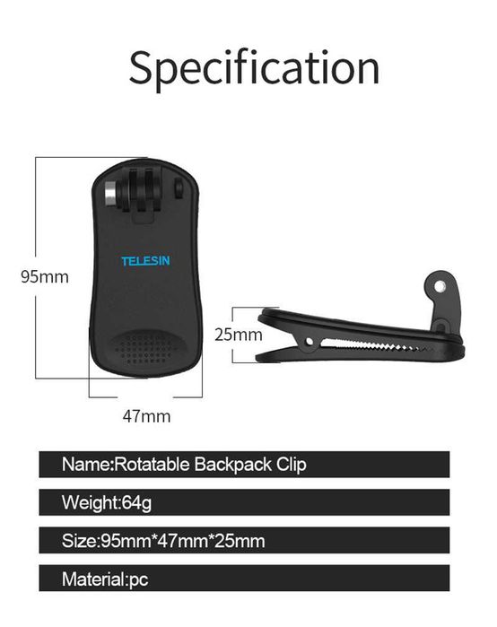 Uchwyt TELESIN 360° Obrotowy klips do plecaka