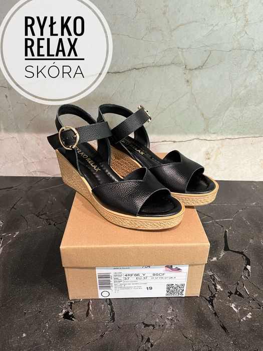 Ryłko relax skóra licowa 37 38 czarne sandały na koturnie gwarancja