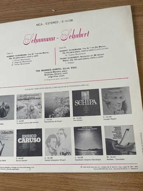 vinil Schumann, Schubert, The Mannes -  Gimpel - Silva Trio