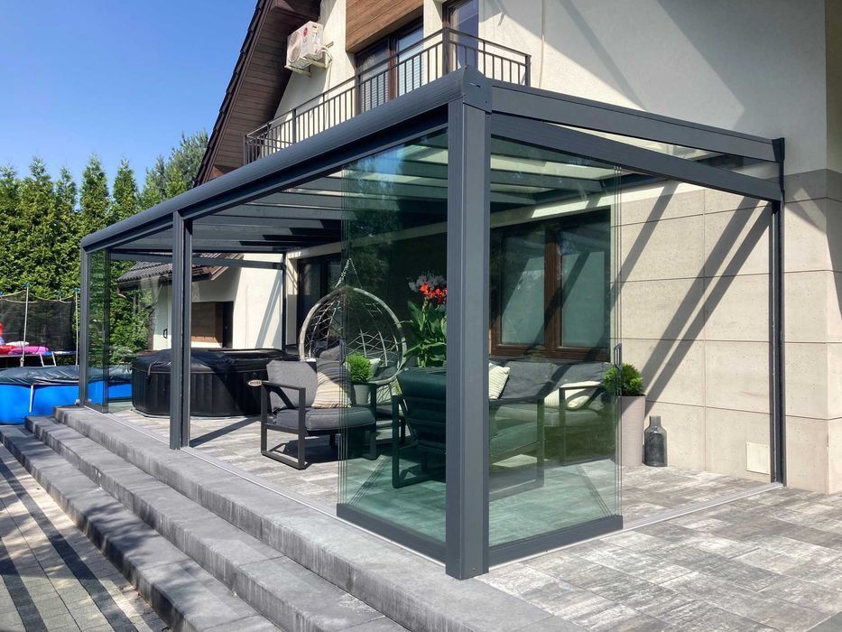 Zadaszenia tarasów zadaszenie tarasu ogrody zimowe zabudowy szklane zabudowy tarasów systemy przesuwne szkło na wymiar aluminium pergole WR