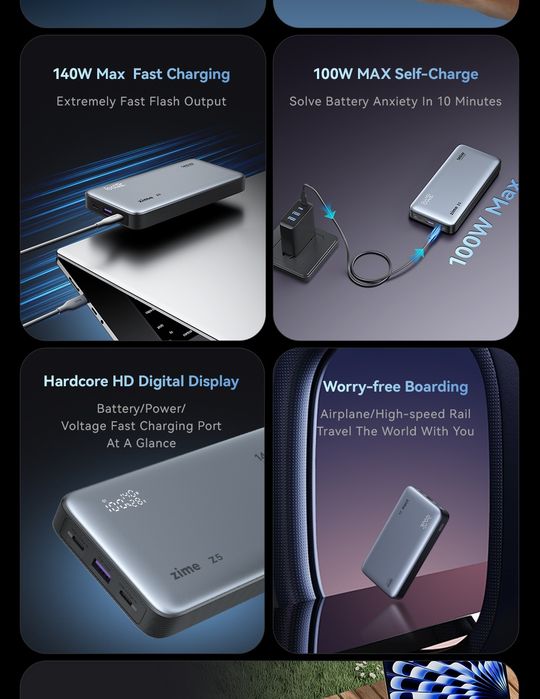 Павербанк 25000mAh ZIME Z5 PD 145W  Швидше заряджання Оригінал USB-C