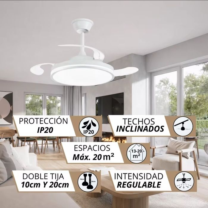 Ventilador de Teto C/Luz LED Ventoinha C/ Pás Retrácteis