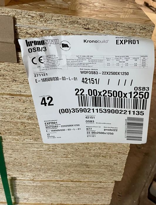 Płyta OSB 18mm 125x250cm CENA BRUTTO za sztukę