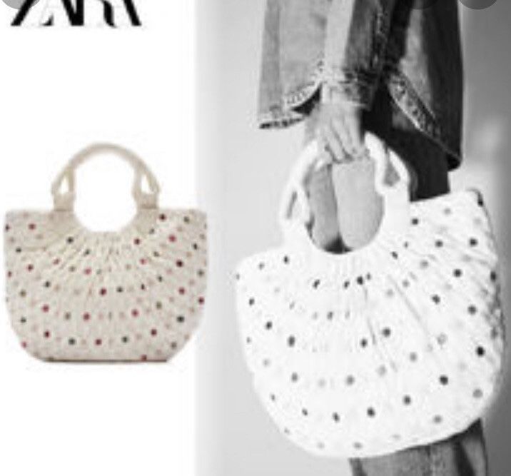 Сумка , сумочка zara молочна плетена , вʼязана пляжна, шопер , хобо в горох , горошок