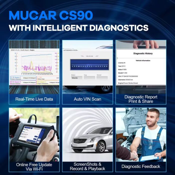 Máquina diagnóstico auto Mucar cs90 28 reset de serviços e diagnóstico