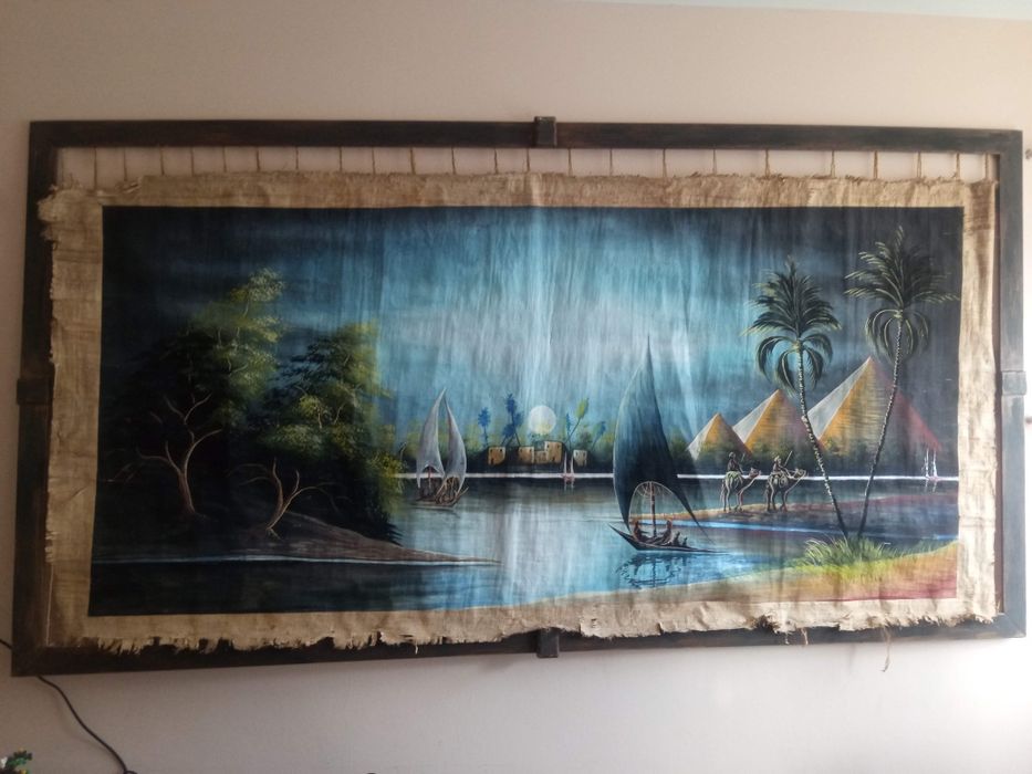 Obraz papirus Piramidy woda palmy w ramie 106,5x 202 cm