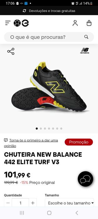 chuteira New Balance Furon V8 Elite TF (ou da versão Team correspondente), especificamente desenhada com uma sola TF (Turf) para relva sintética.