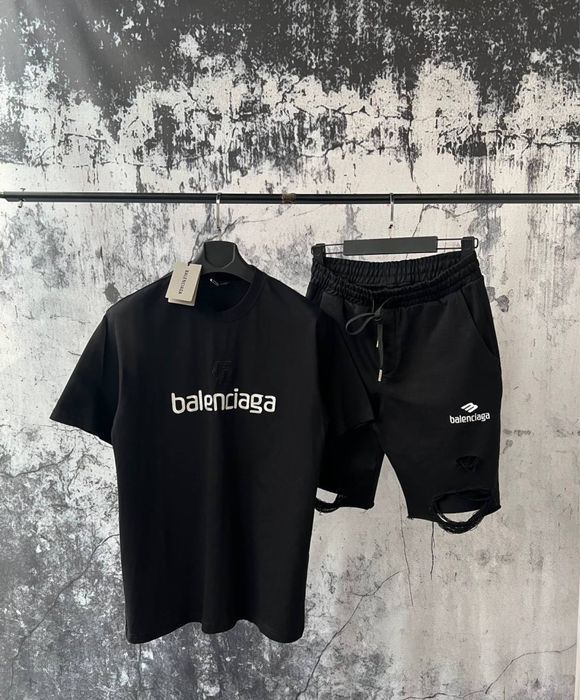 Balenciaga мужской летний комплект футболка шорты костюм белый рваный