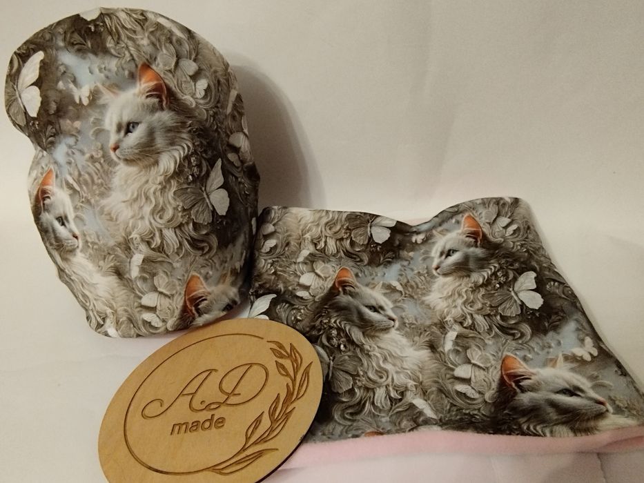 Piękny zestaw komplet czapka komin jesienny bawełniany Kot Main coon