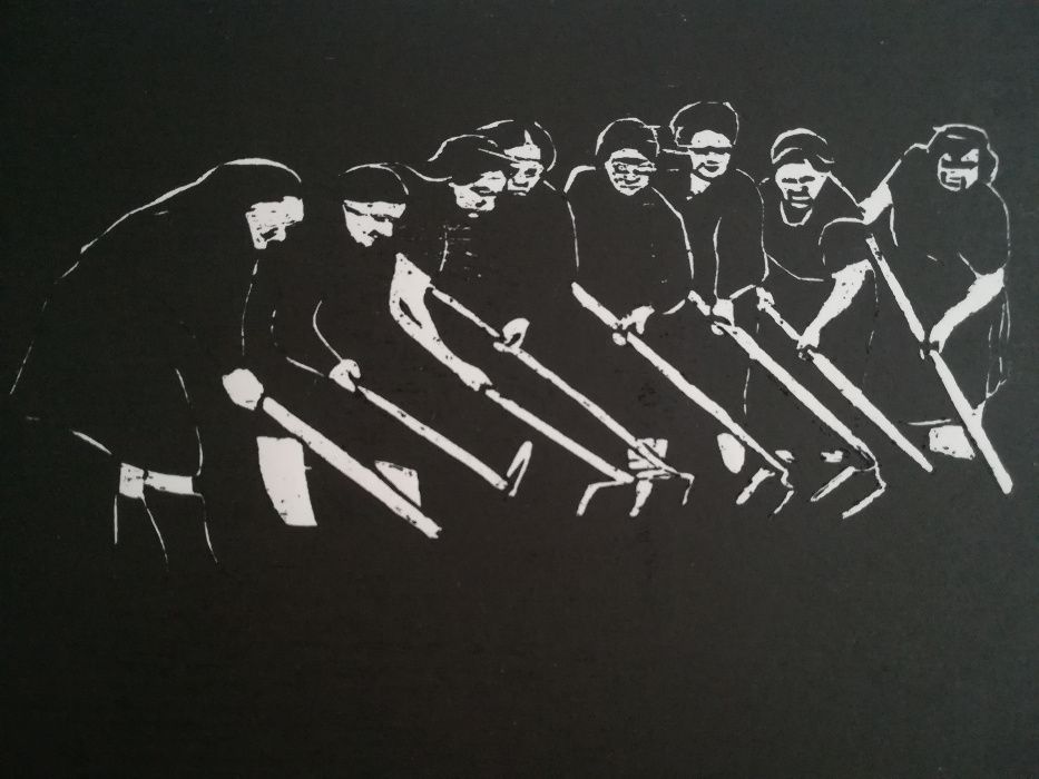 Xilogravura gravura madeira "Mulheres a Sachar" assinado arte desenho