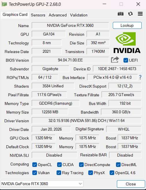 Gigabyte RTX 3060 VISION 12GB Біла, Ідеал