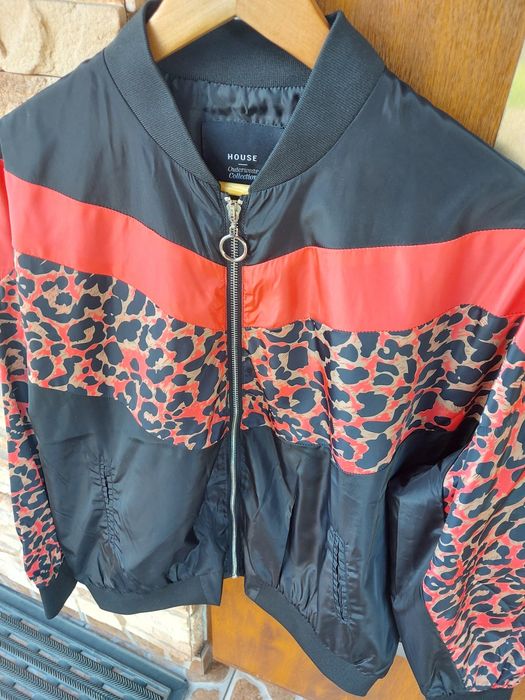 Kurtka bomber oversize M L czarna łososiowa/koralowa z panterką bomber