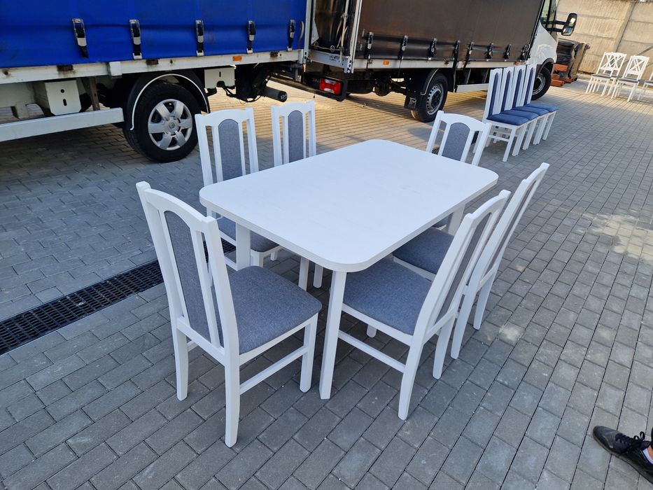 Nowe: Stół rozkładany + 6 krzeseł, BIAŁY+SZARY, transport cała POLSKA