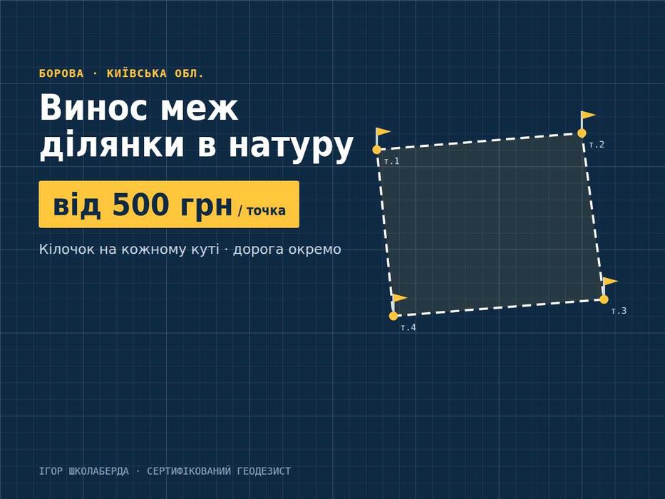 Геодезія. Винос меж в натуру на місцевості Борова — від 500 грн