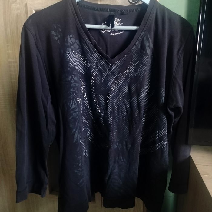 Bluzka famska czarna bawełna d)ugi rękaw nadruk cekiny L XL