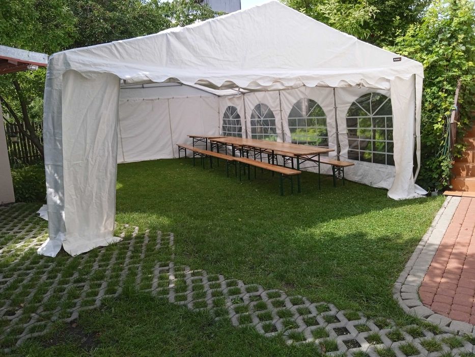 Wynajem namiotu plenerowego imprezowego zastawa obiadowa stoły ławki