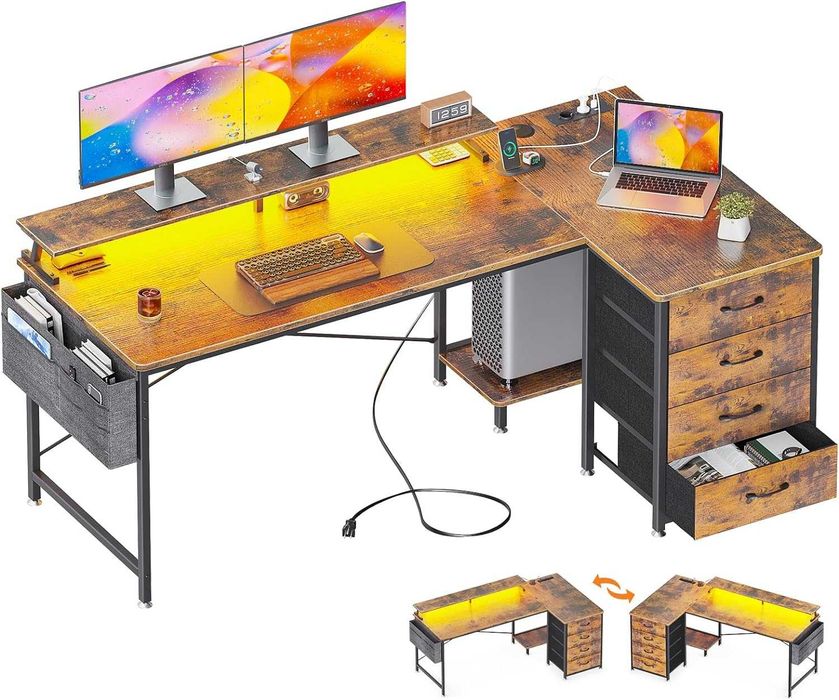 Mesa de gaming secretária rústica LED e vários acessórios [2 tamanhos]