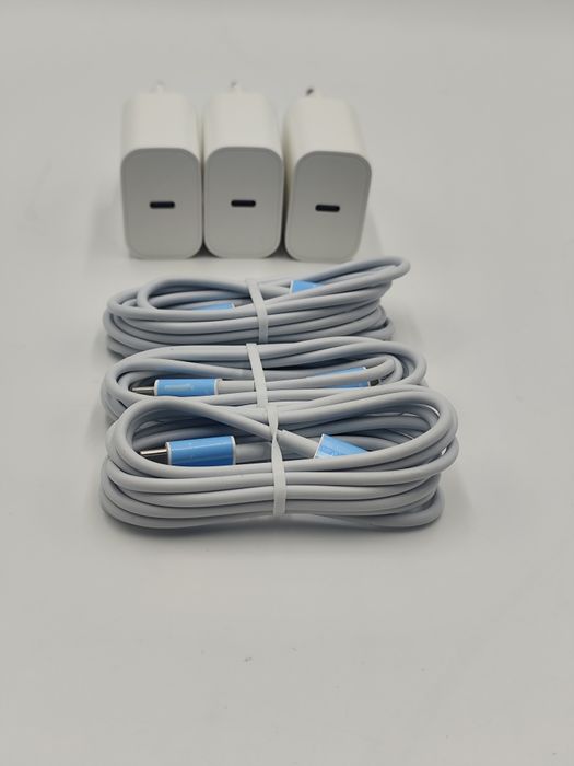 Zestaw 3 ładowarek USB-C 25W + kable Lightning 2m – nowe, szybkie łado