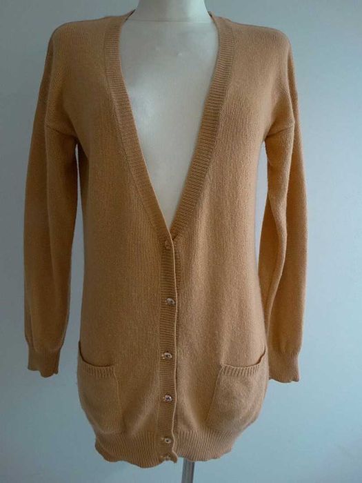 Sweter Kardigan z Angorą Długi Rozpinany Camelowy Kolor L
