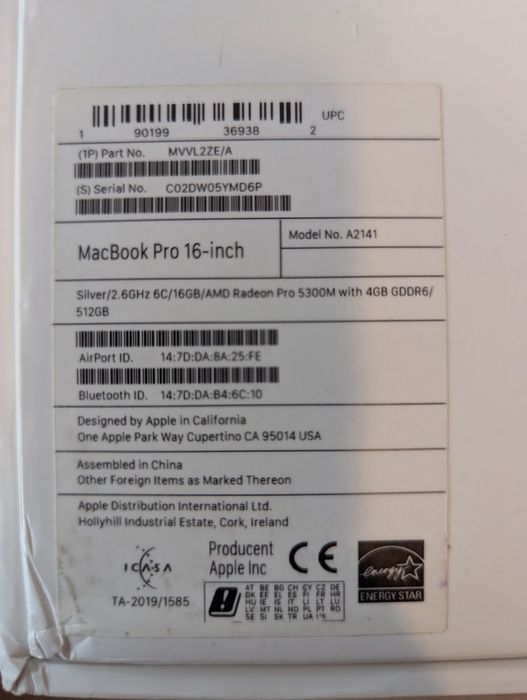MacBook Pro 16" 2019, model A2141, i7 2.6GHz 6-core, 16GB, Radeon Pro 5300M 4GB, 512GB SSD