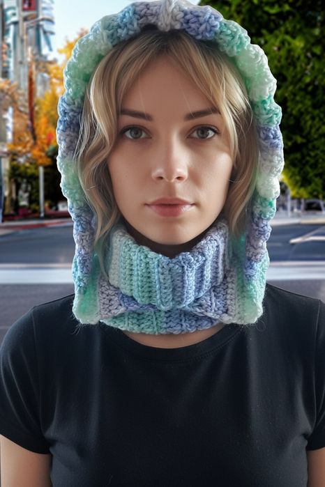 Kaptur z kominem handmade / ciepły kapturoszalik / błękit - mięta.