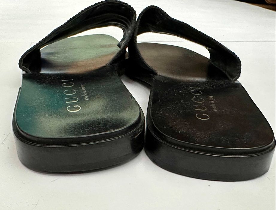 Шлепки Gucci GG Monogram Black Canvas Leather Sandals Sliders Flip Flops
