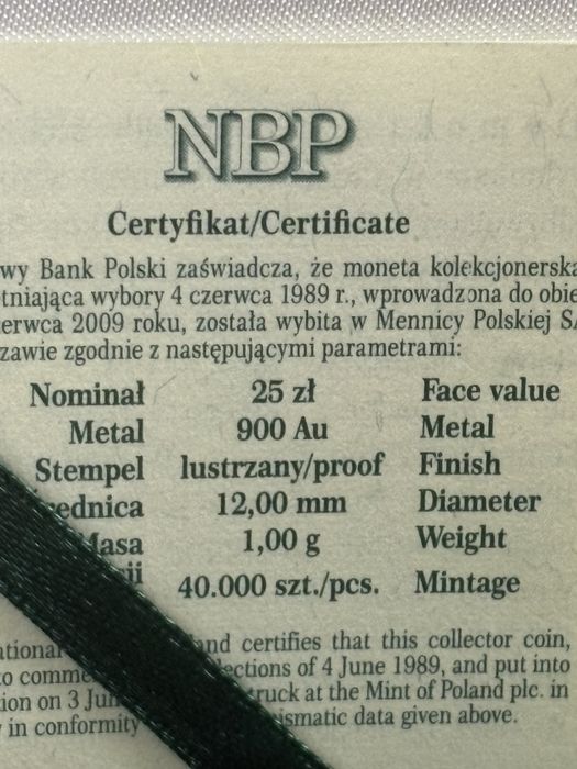 Zlłota moneta 25 lat solidarności