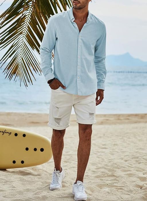 Koszula Męska Lniana z Bawełną Długi Rękaw Błękitna XXL