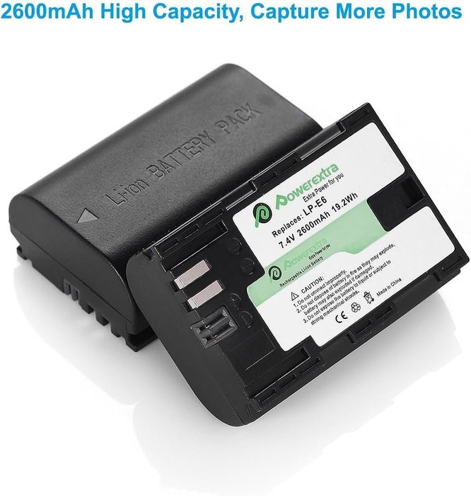 Powerextra Bateria LP-E6/LP-E6N 2-pak 2600 mAh kompatybilna z aparatami Canon EOS 5D Mark II/III/IV, 5DS, 5DS R, 6D, 7D, 7D Mark II, 60D, 70D, 80D 90D